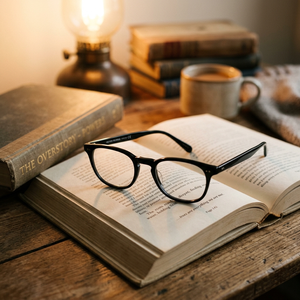 Reading glasses on open book